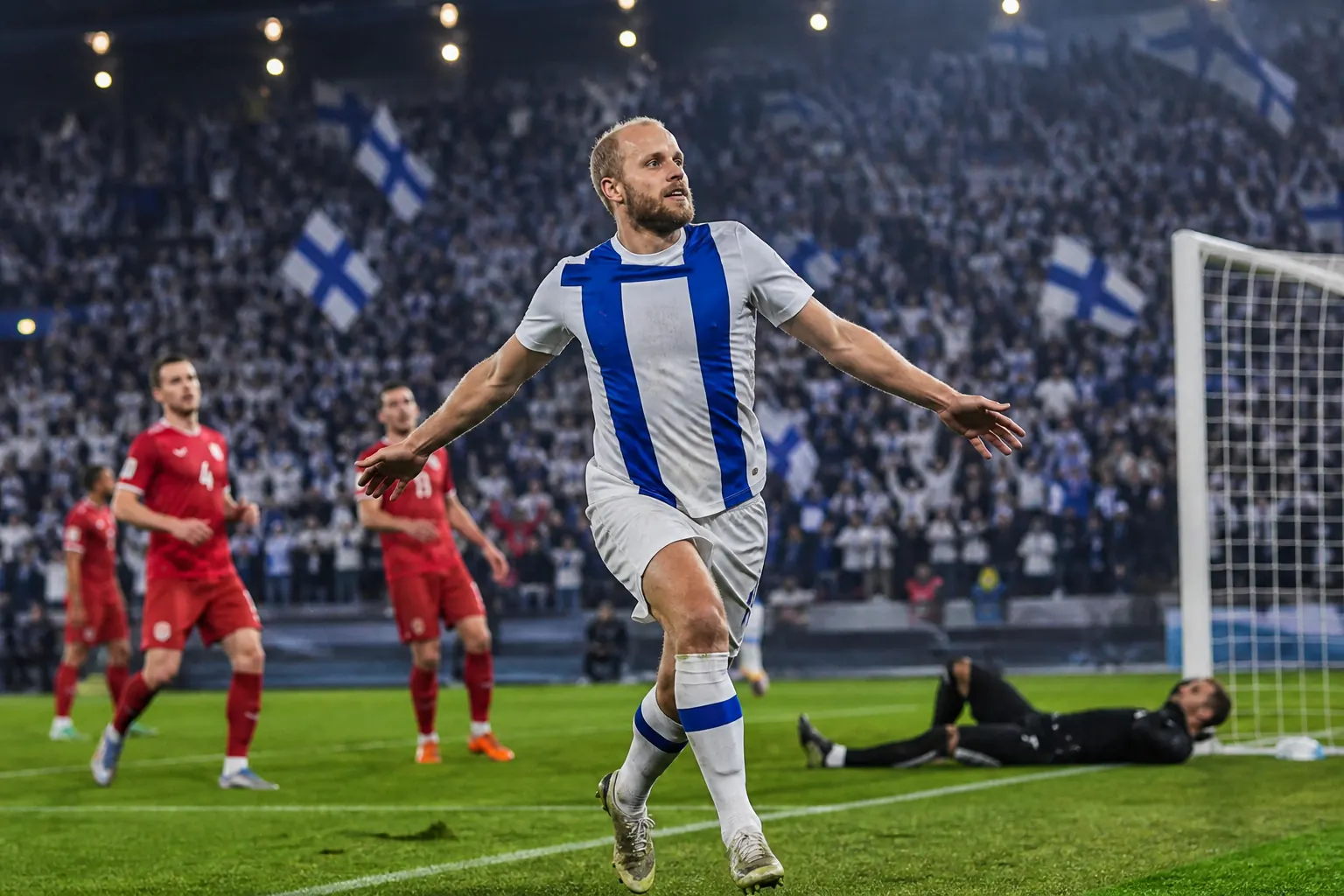A fictional Finnish national-team star striker leading a counterattack in an international match