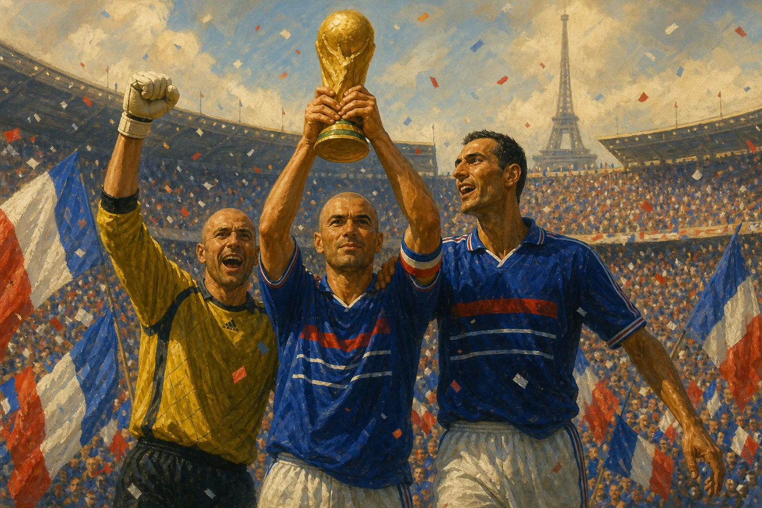 Three distinct fictional French players celebrating: a bald captain, a bald goalkeeper and a tall lean striker