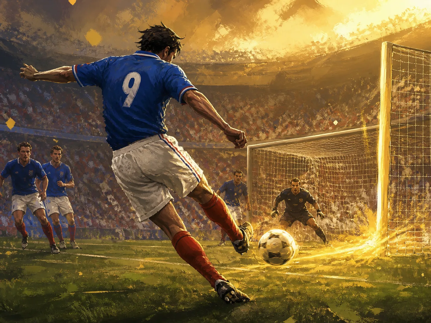 A fictional French striker scoring a golden-goal finish in extra time