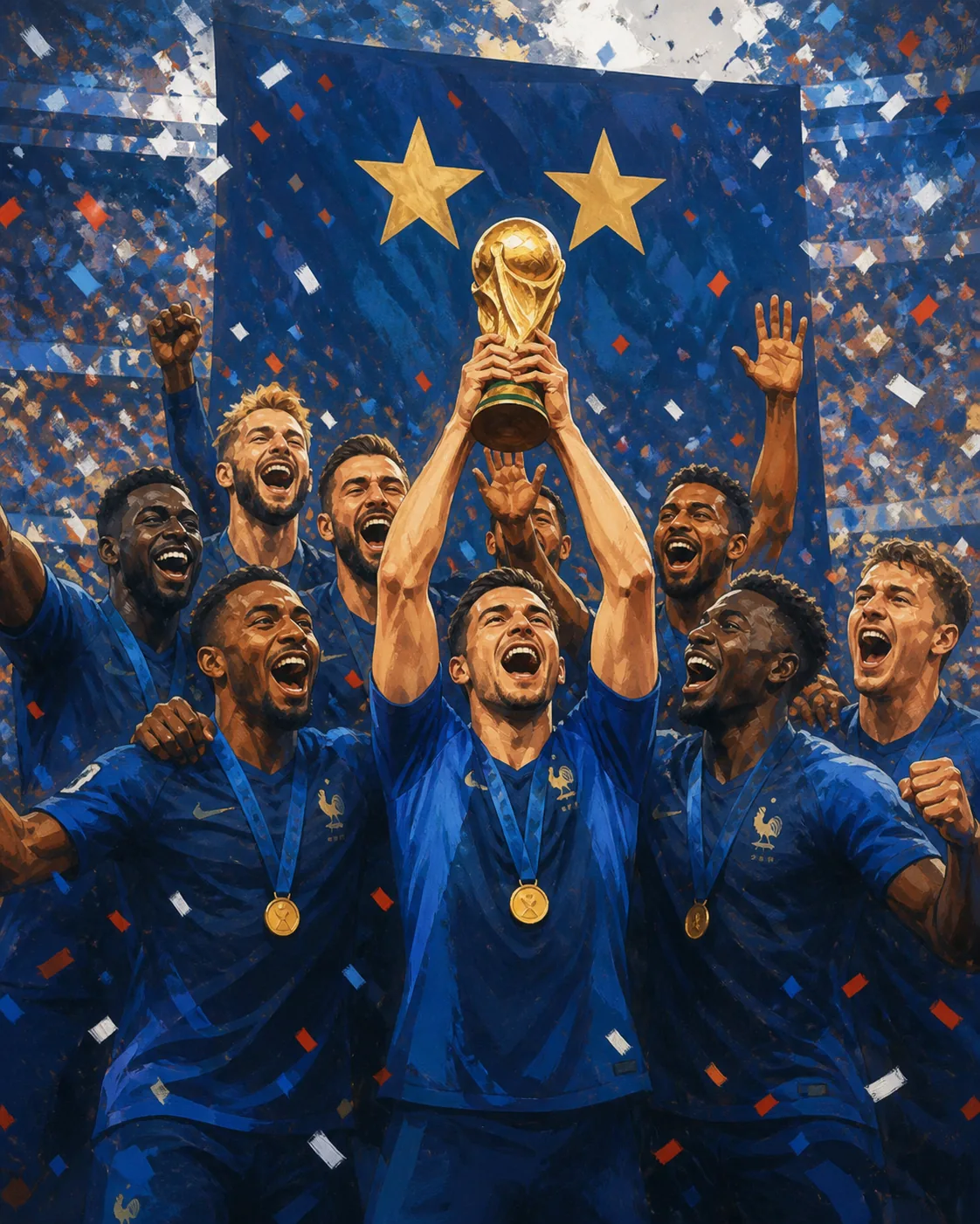 Fictional French players in blue lifting a world championship trophy beneath two golden stars