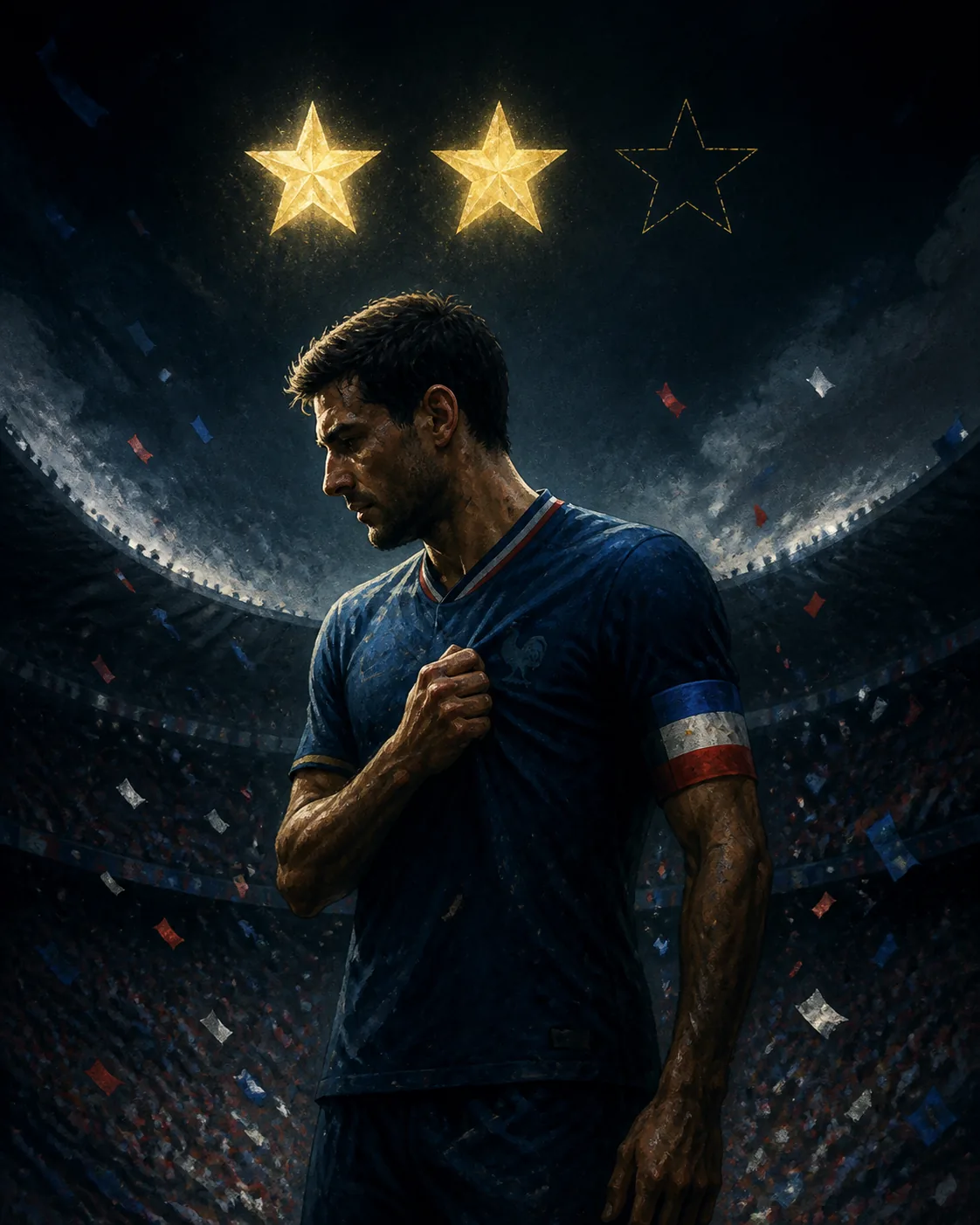 A fictional French captain beneath two golden stars and an empty space for a third