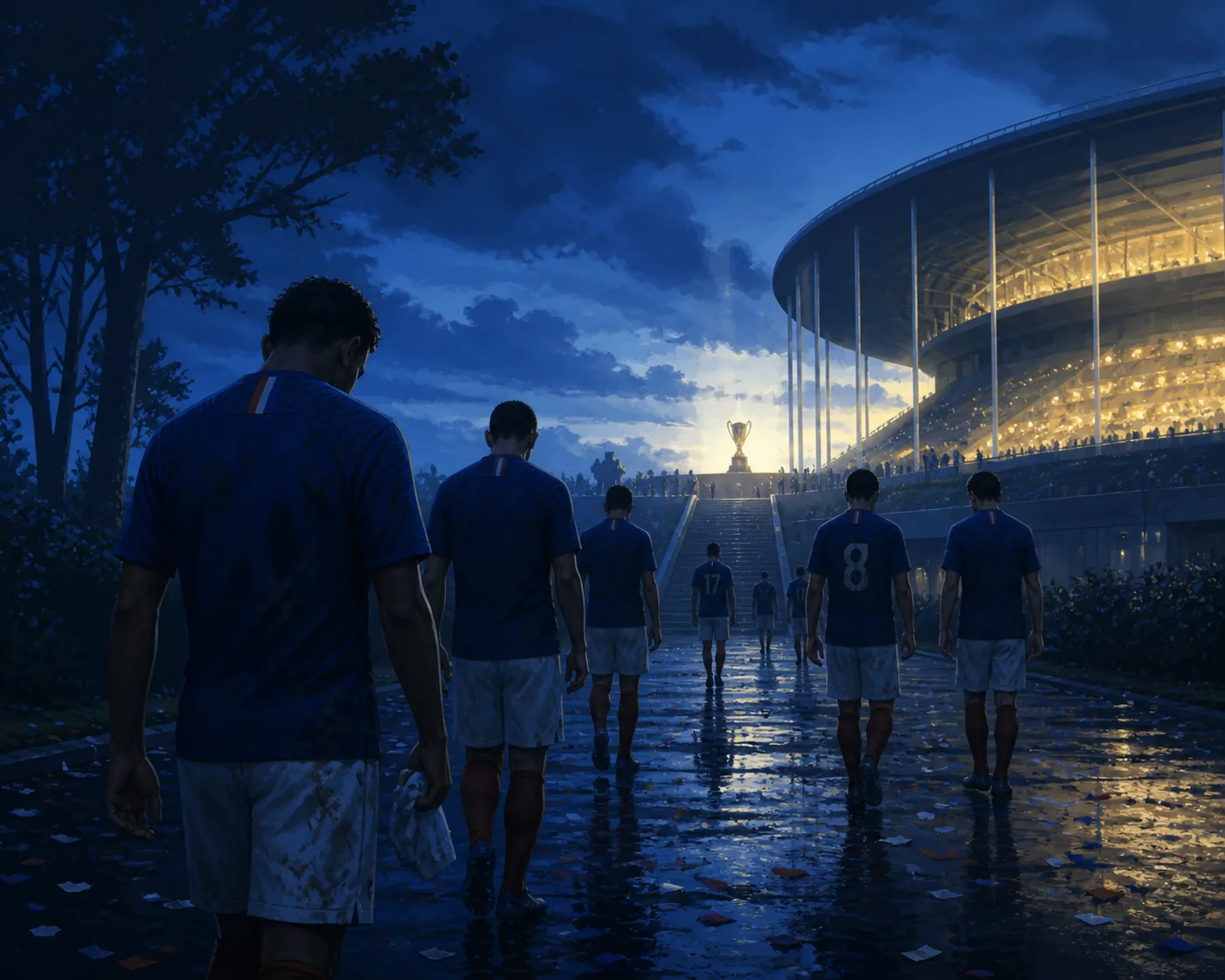 Fictional French players walking away from a brightly lit stadium after a narrow tournament defeat