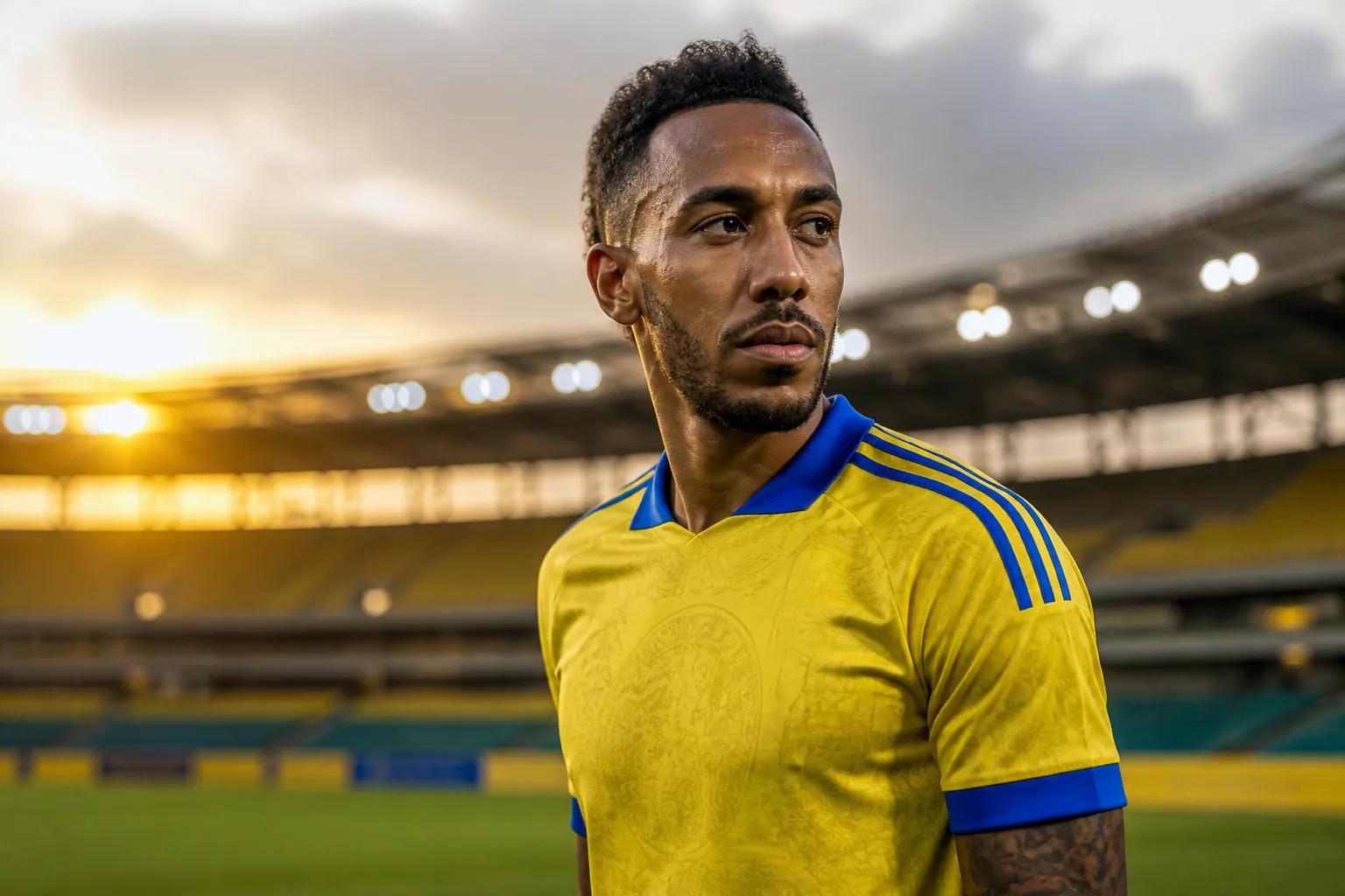 A fictional editorial portrait of Gabon striker Pierre-Emerick Aubameyang in a yellow-blue national-team kit