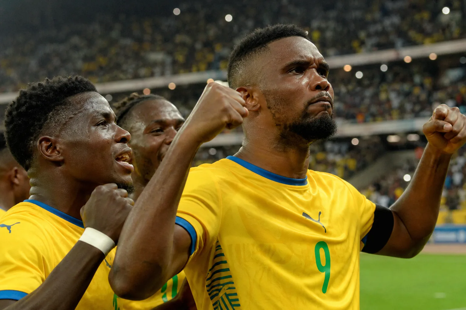Gabon Panthers preparing together in yellow-blue kits before an important AFCON match