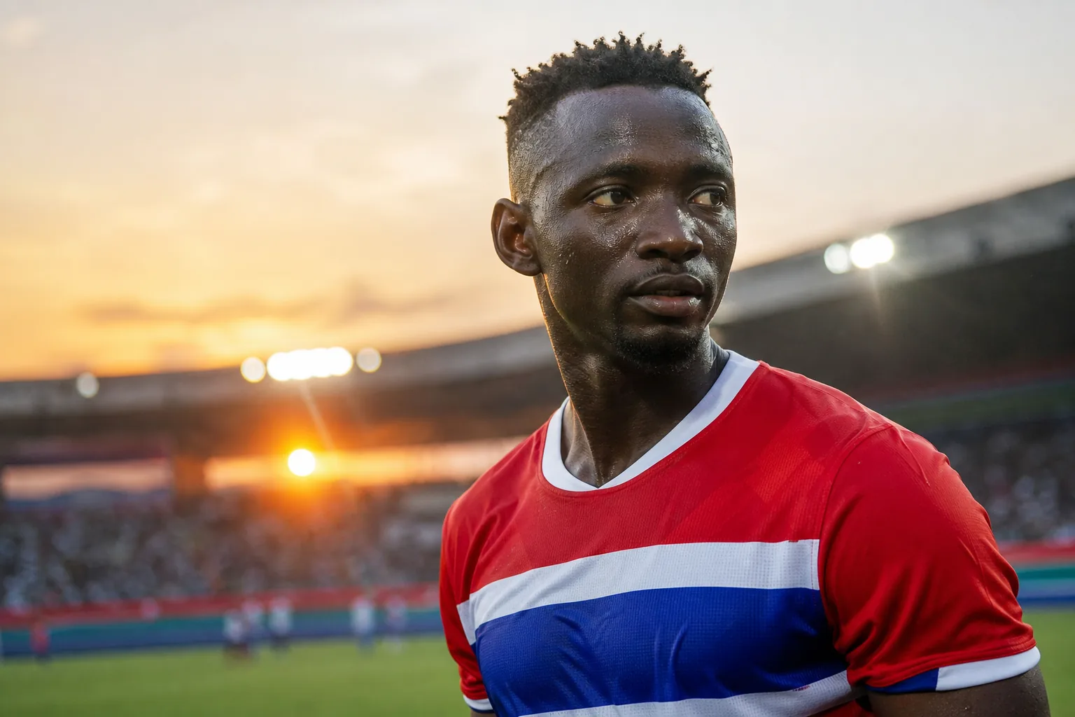 A fictional editorial portrait of Gambian forward Musa Barrow in a red-white-blue national-team kit