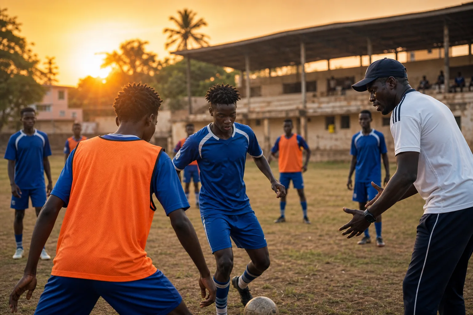 Young Gambian footballers training at sunset on a community pitch beside a West African stadium