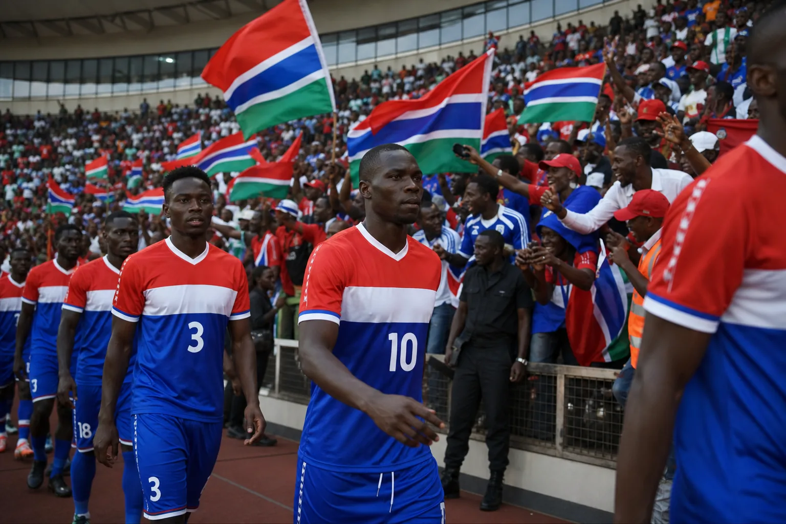 Gambia national football team, the Scorpions, preparing together in red-white-blue kits