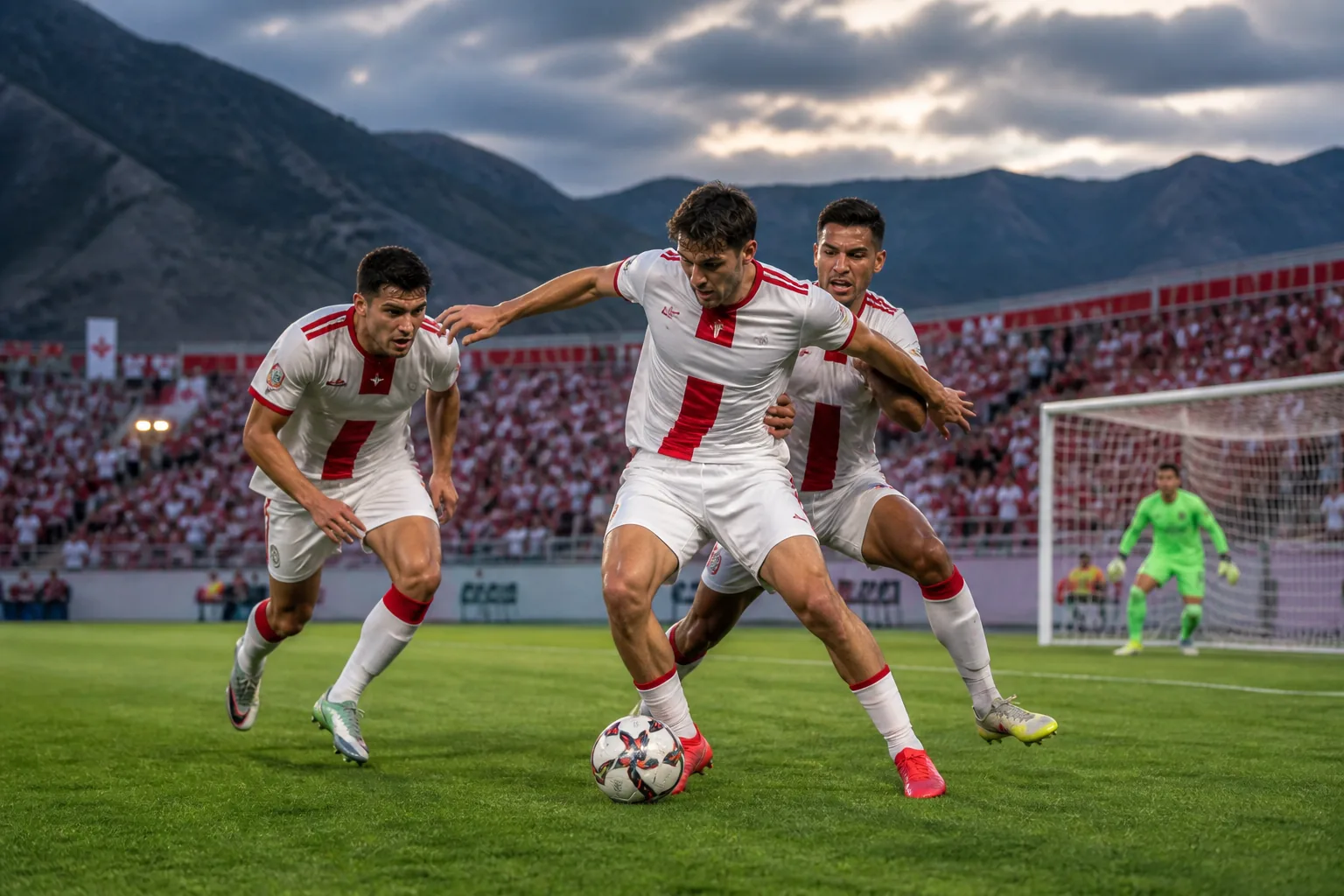 Fictional Georgian footballers battling for possession in a fiercely contested international match