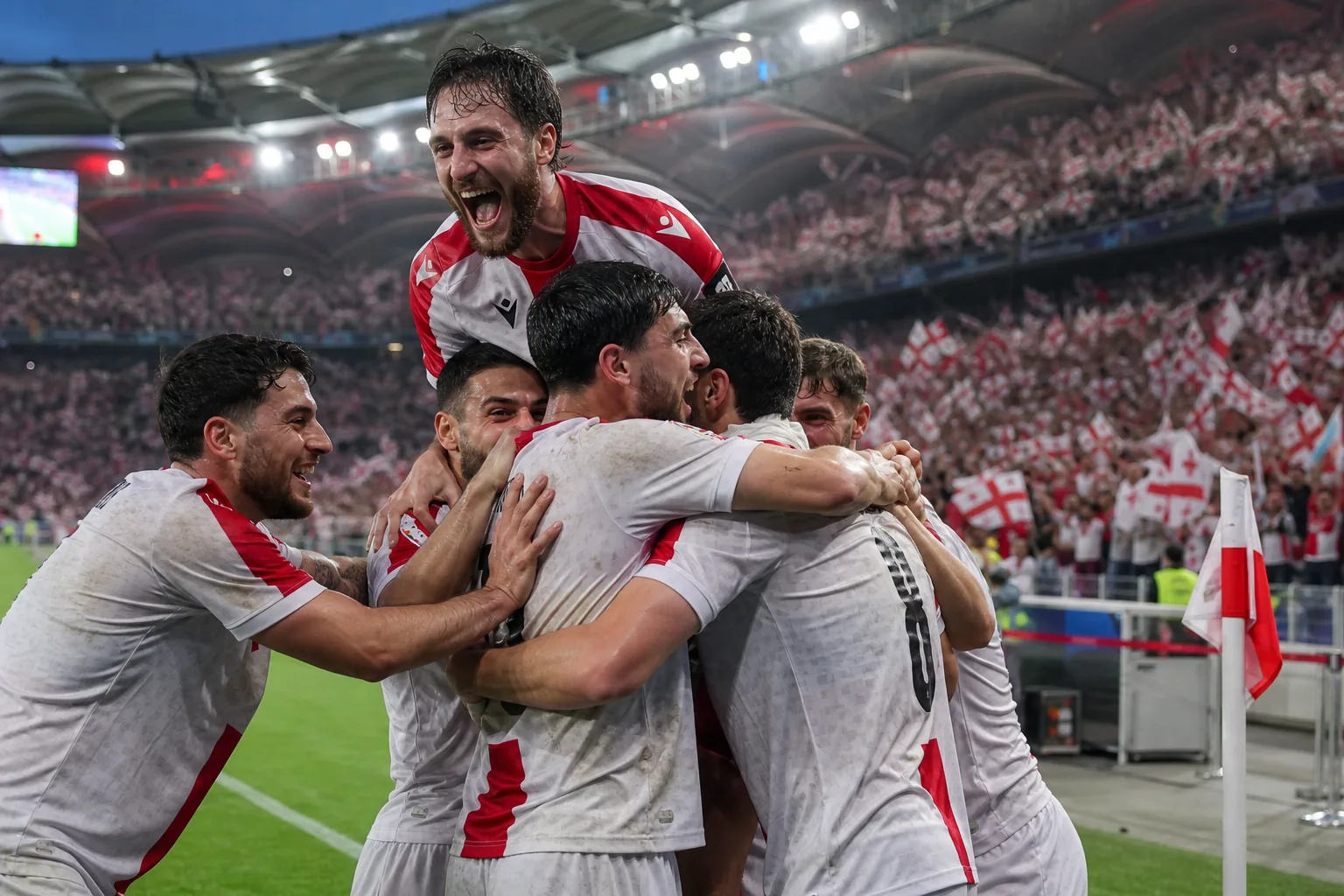 Fictional Georgian players celebrating qualification for their first major European Championship