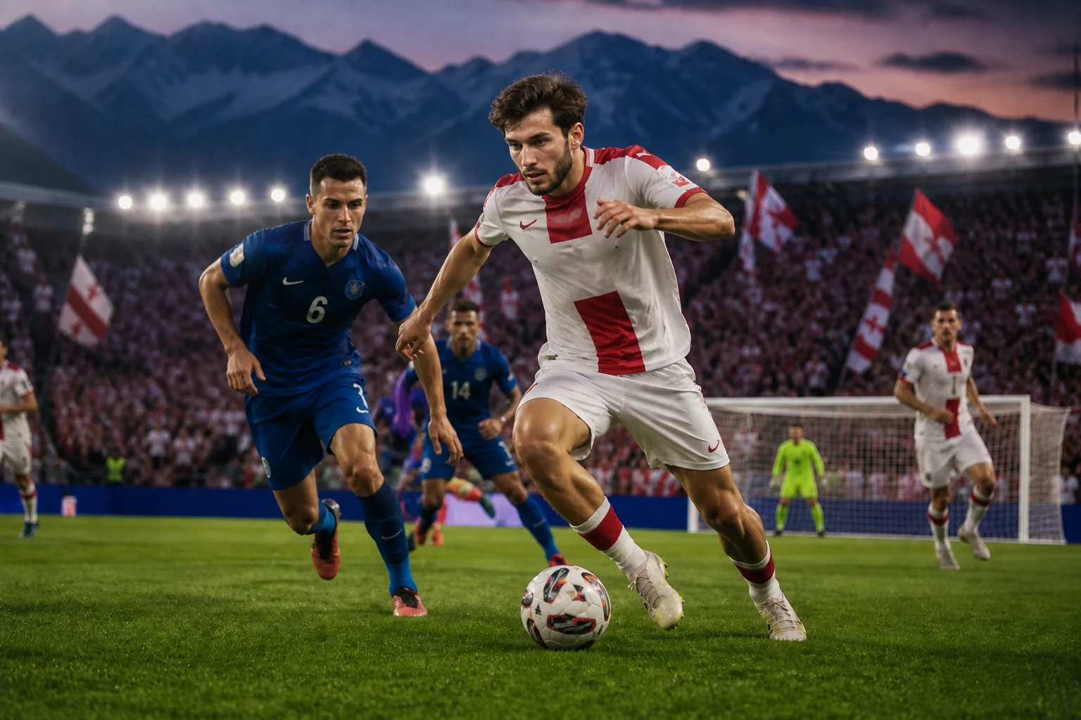 A fictional Georgian national-team star winger leading an attack in a major international match