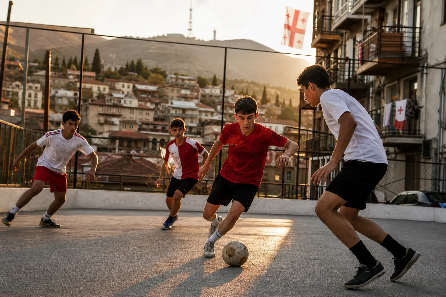 Fictional young Georgian footballers playing an intense street match in Tbilisi