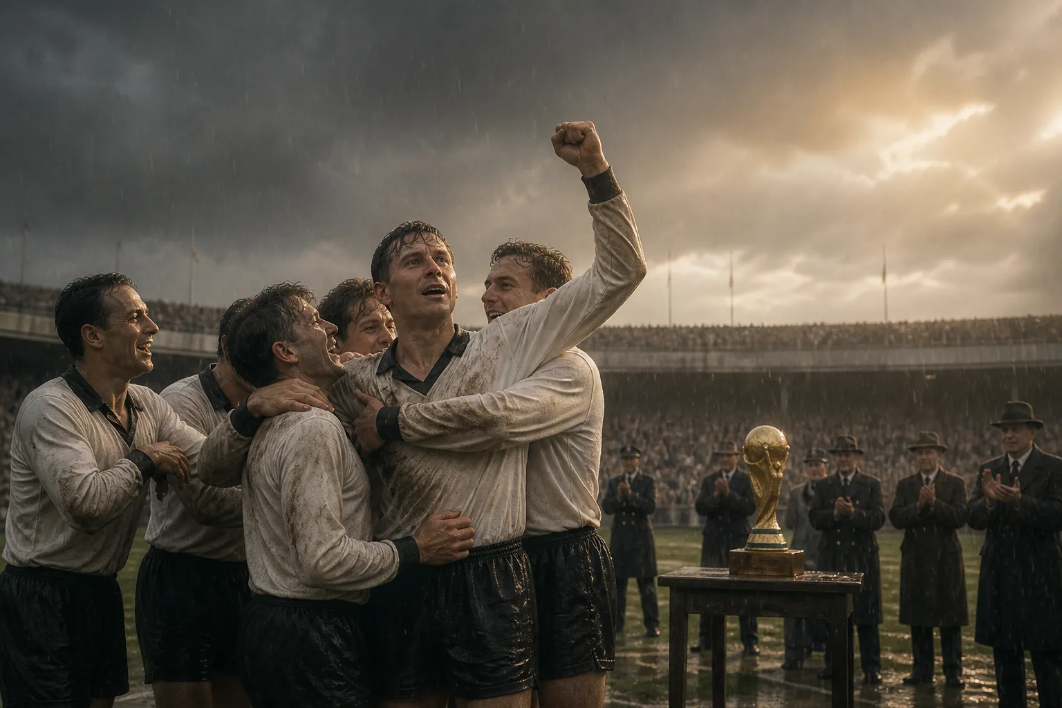 Fictional West German players celebrating the 1954 World Cup miracle in a rain-soaked stadium