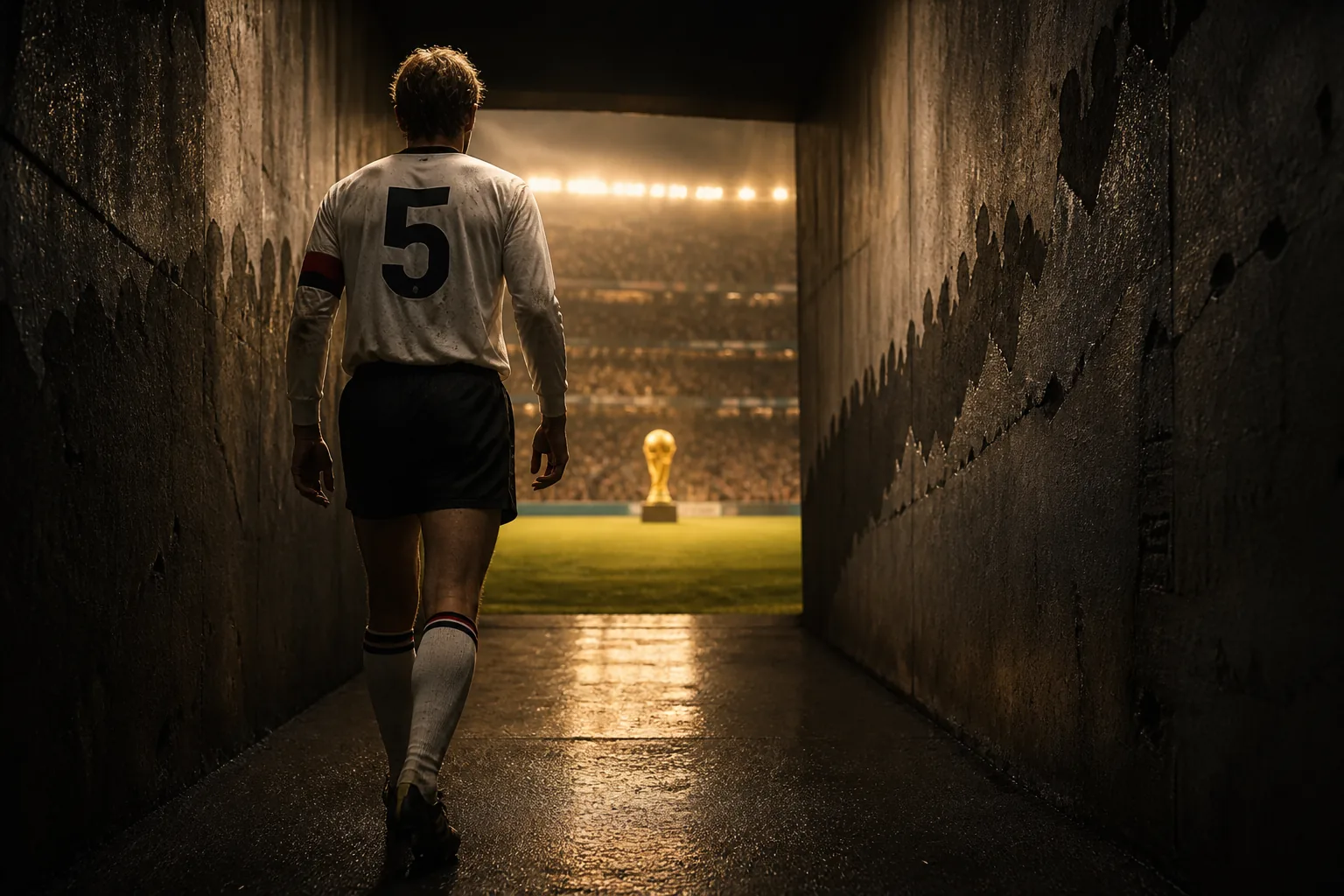 A fictional German captain walking from a dark stadium tunnel toward the 1990 World Cup trophy