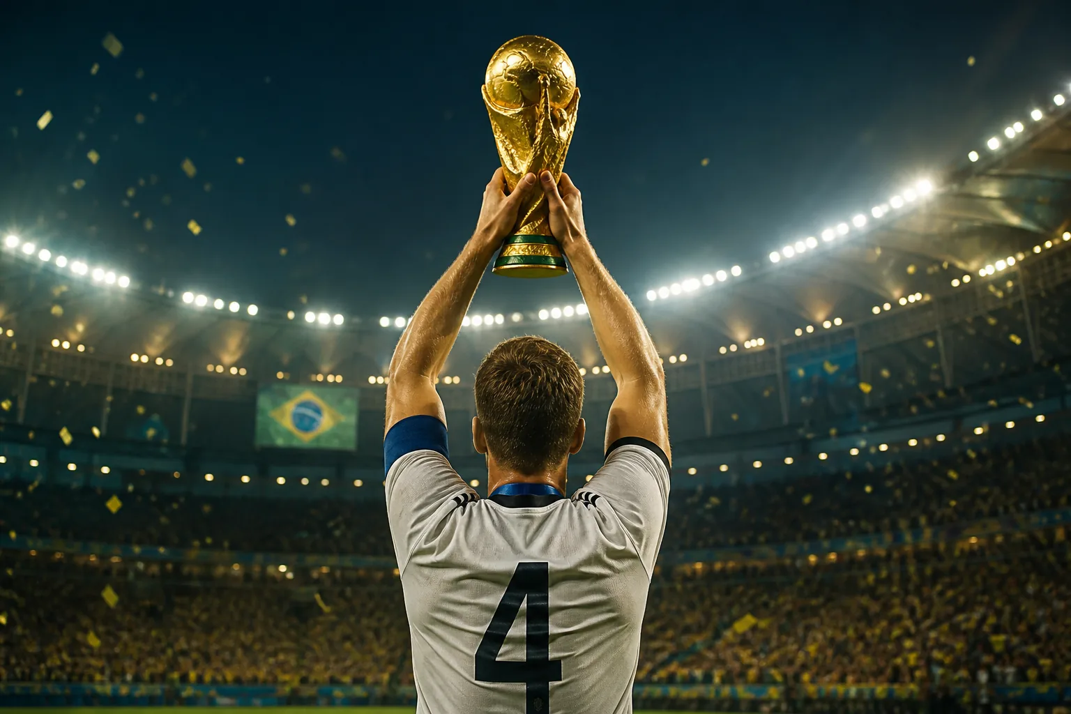 A fictional German captain lifting the World Cup trophy after the 2014 final in Rio de Janeiro