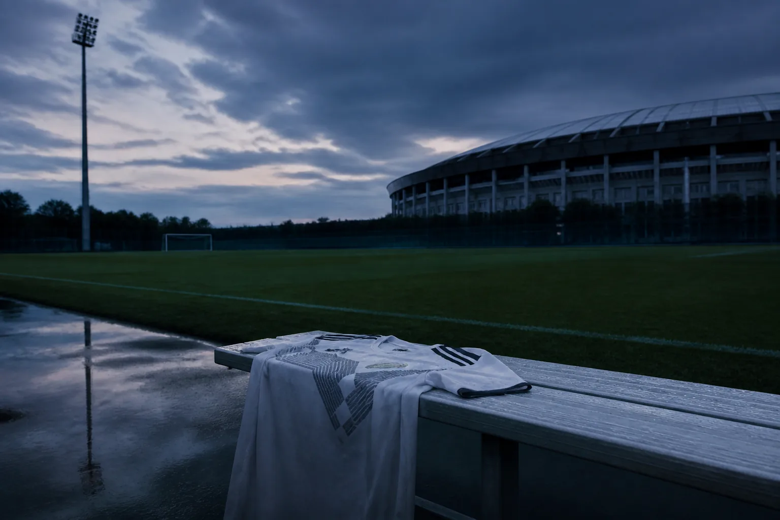 An empty training ground at dusk with a discarded white football shirt after Germany's 2018 group-stage exit