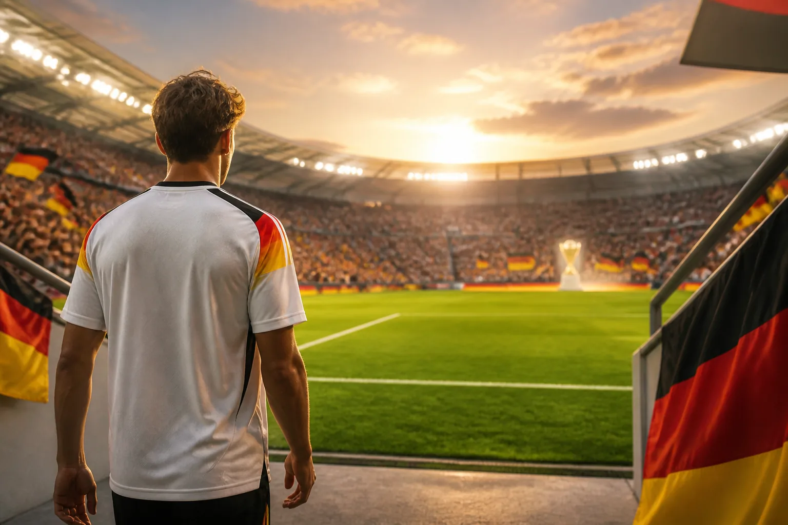 A fictional young German midfielder walking toward a bright home stadium during the Euro 2024 revival