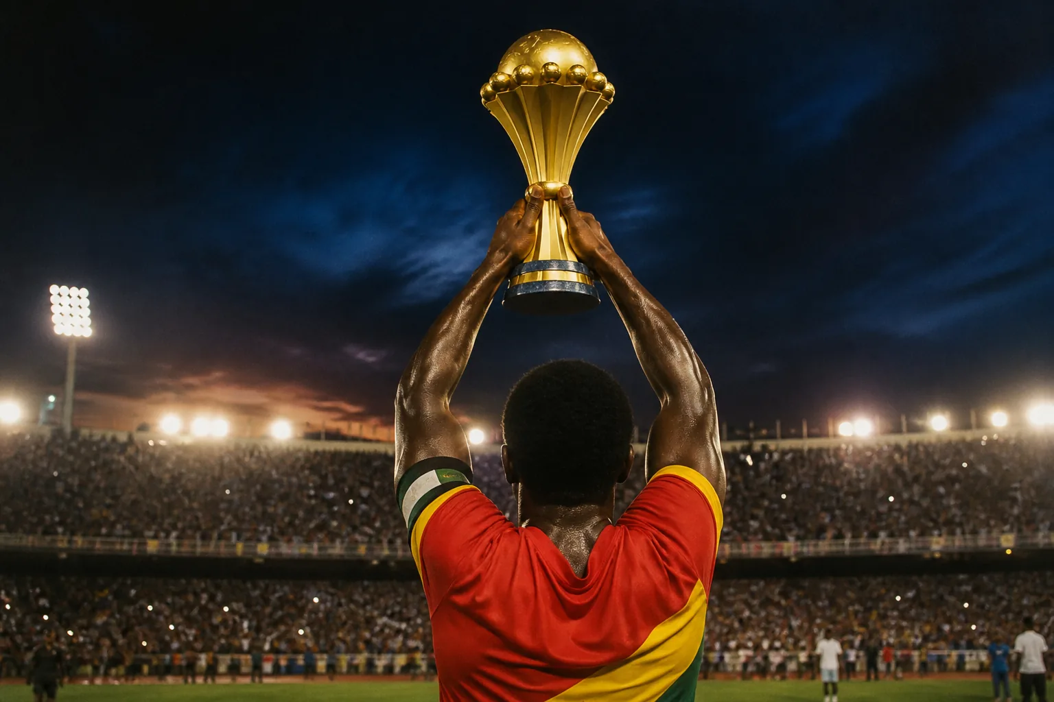 A fictional Ghanaian captain lifting the AFCON trophy after Ghana's 1982 title