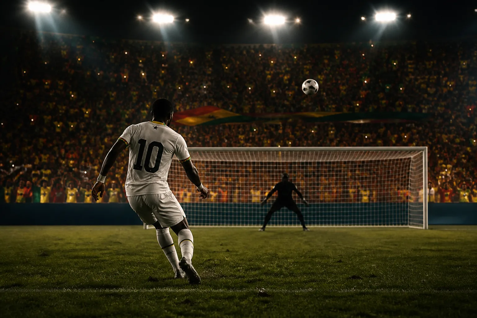 A fictional Ghanaian player facing a penalty moment under World Cup floodlights