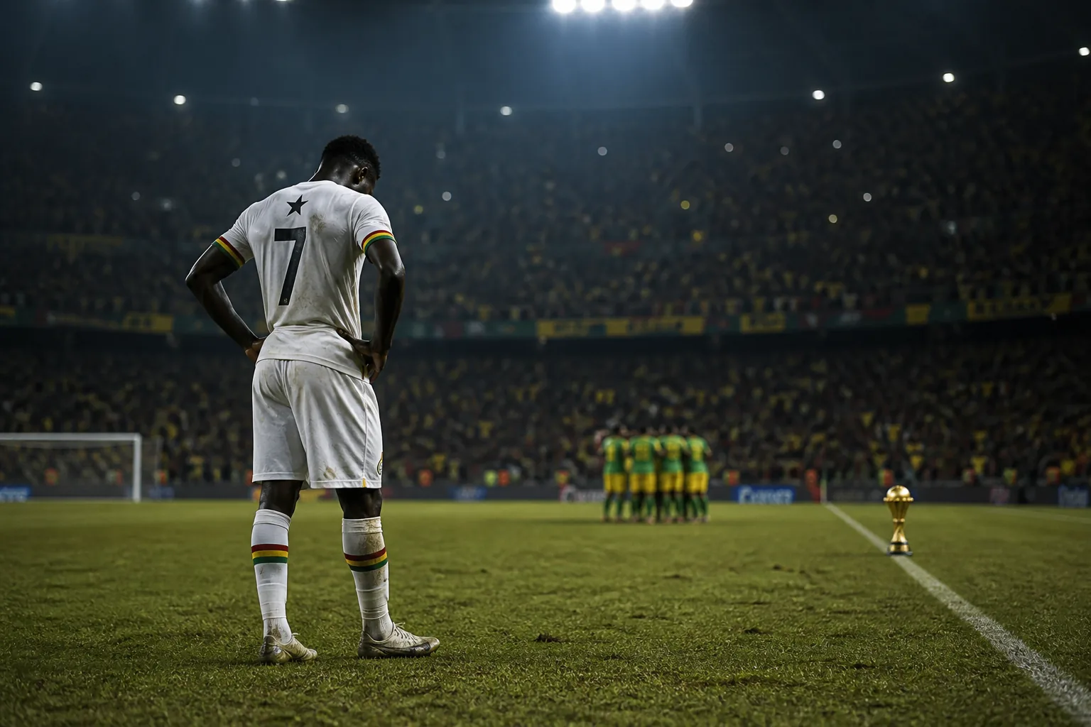 A fictional Ghanaian player after an AFCON final shootout with the trophy distant under stadium lights