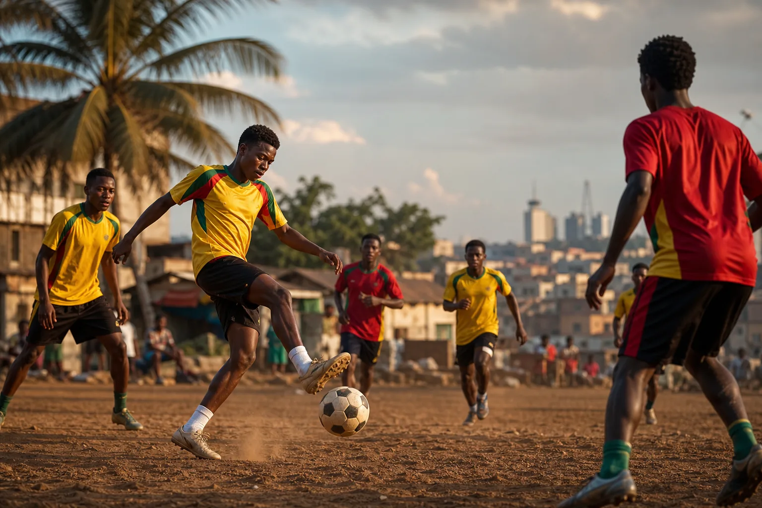 Fictional Ghanaian players training on a community pitch with tropical city life behind them