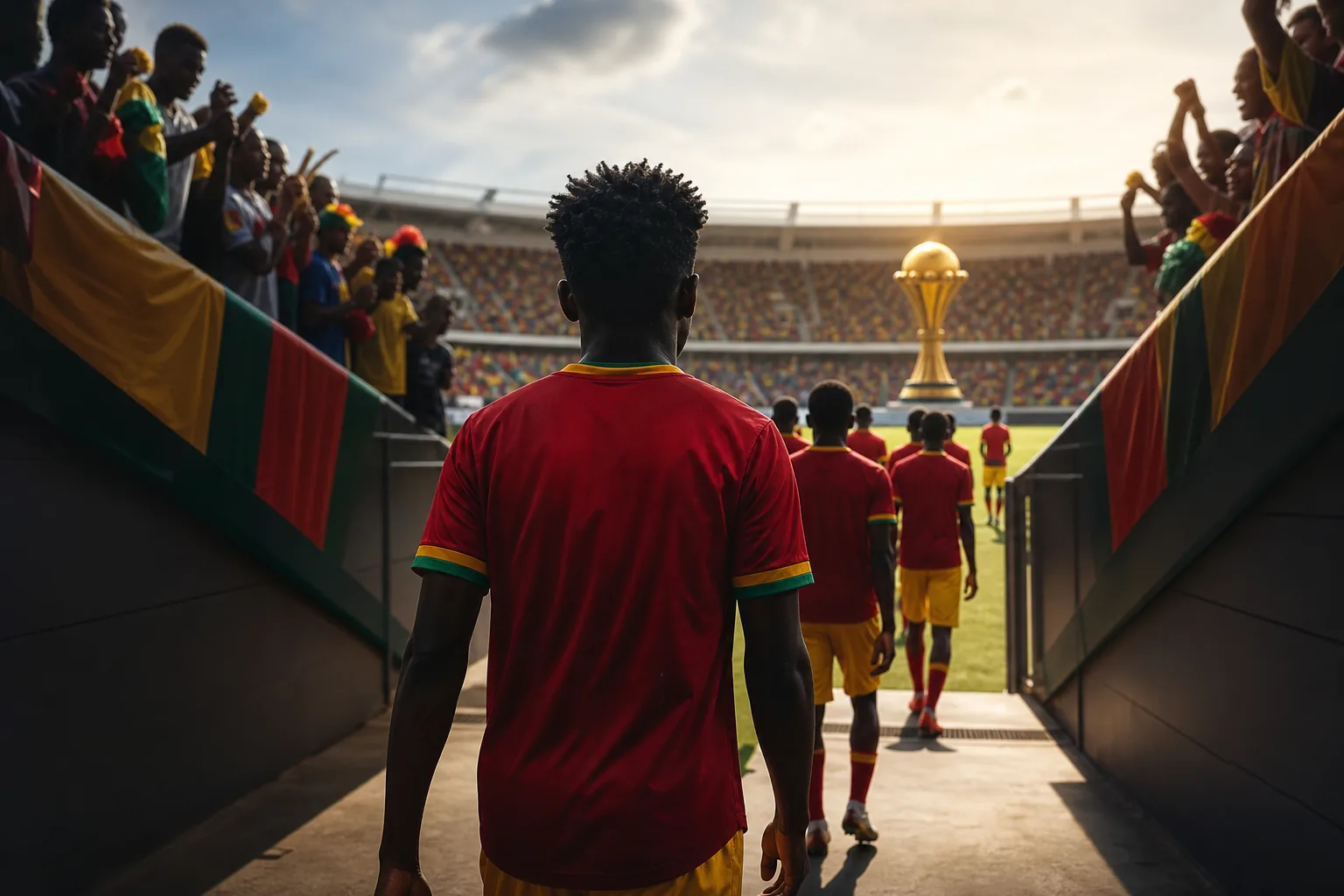 A fictional young Ghanaian footballer walking toward a bright stadium and a distant AFCON trophy