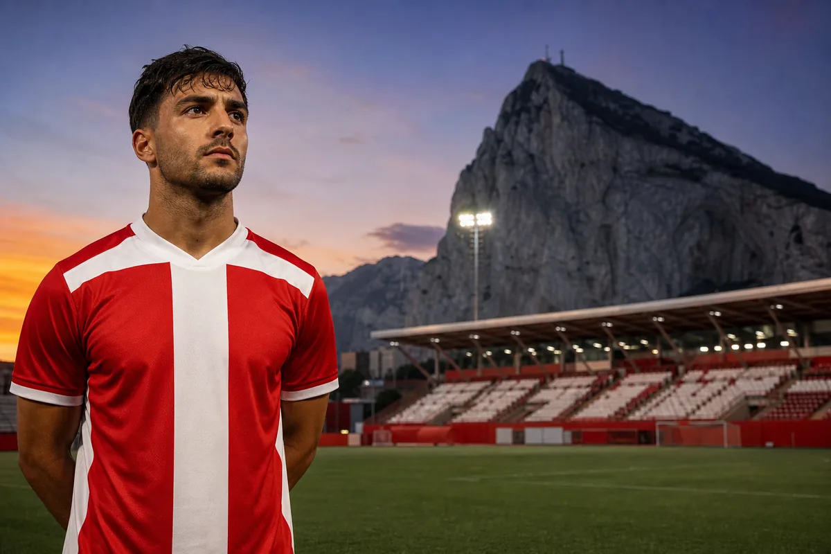 A fictional Gibraltar national-team striker inspired by Lee Casciaro standing before Victoria Stadium with the Rock of Gibraltar behind him