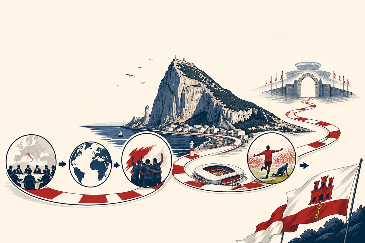 Text-free editorial timeline illustration of Gibraltar's journey from UEFA membership to a first major tournament dream