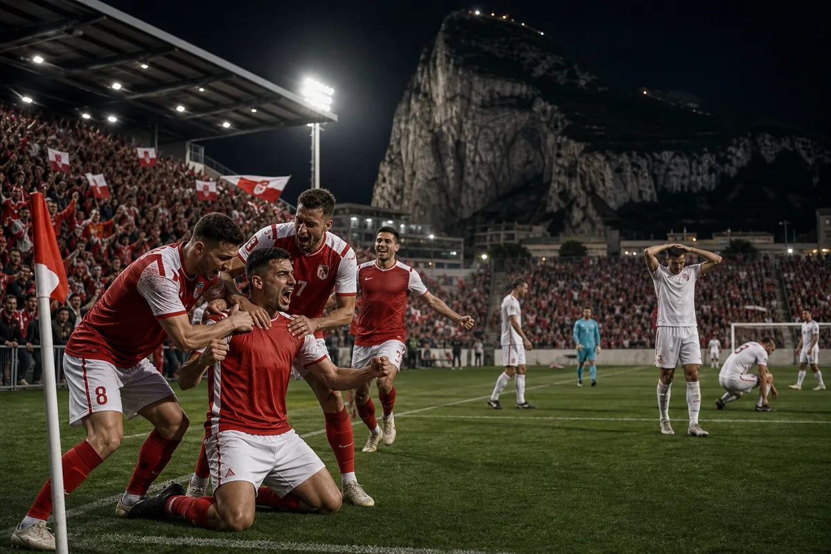 Fictional Gibraltar players celebrating a landmark Nations League victory in a packed home stadium