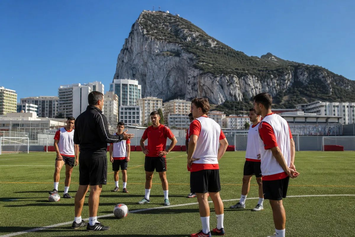 A small group of Gibraltar footballers training on a compact pitch beneath the Rock of Gibraltar