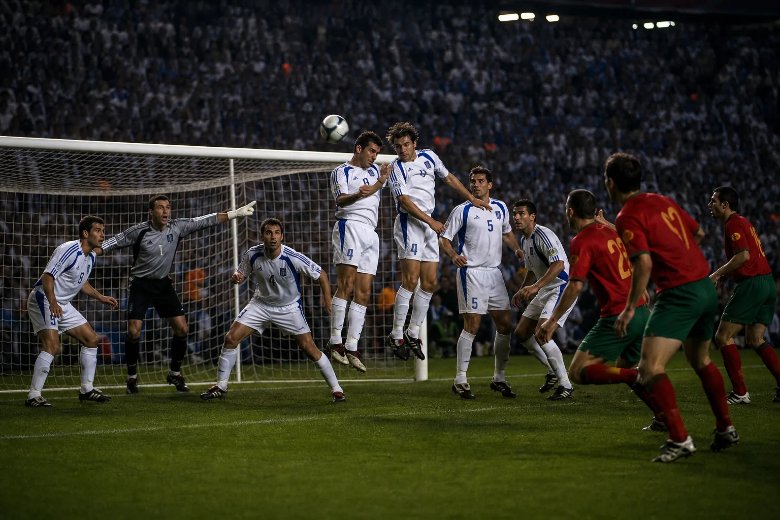 Fictional Greek defenders holding their line in the Euro 2004 final