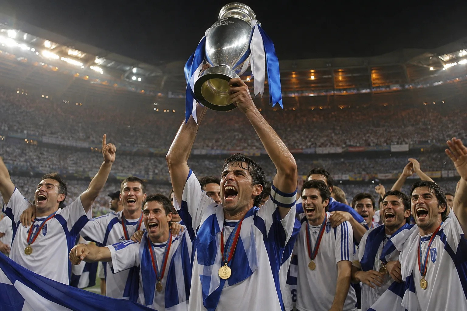 Fictional Greek players lifting the Euro 2004 trophy after one of football history's greatest upsets