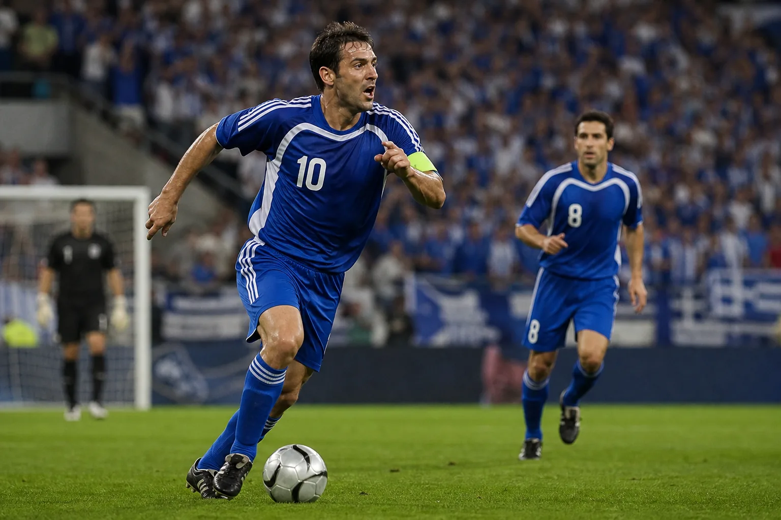 A fictional Greek midfield star driving forward during the Euro 2004 campaign