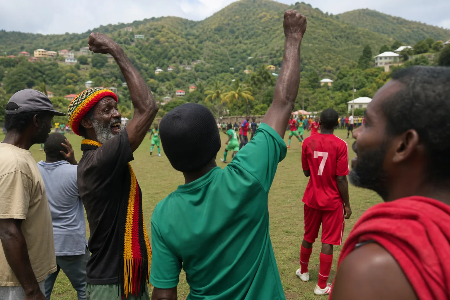 Grenada community football match on a tropical island pitch with supporters and players