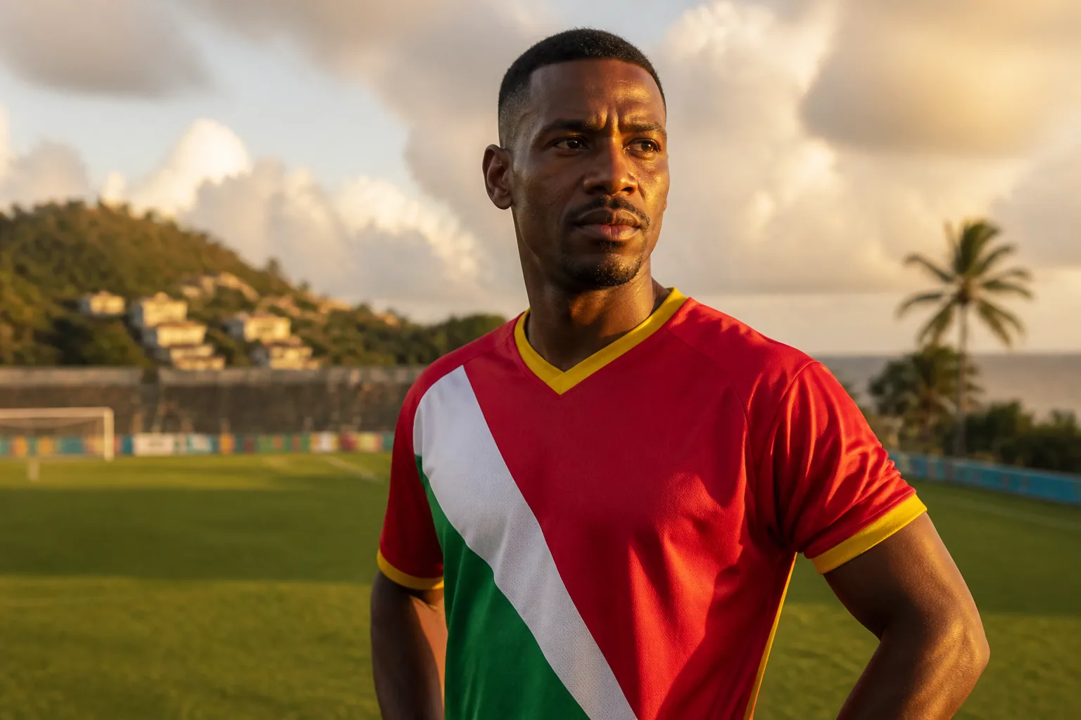 A fictional editorial portrait of Grenadian striker Jason Roberts in a red-white-green national-team kit