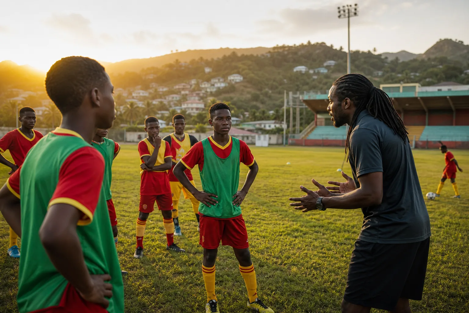 Grenada players competing in an intense CONCACAF Nations League match under stadium lights