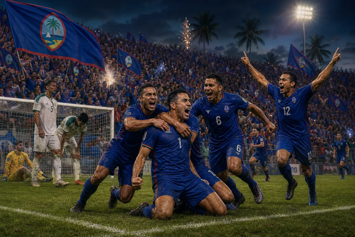 Fictional Guam players in blue celebrating a dramatic qualifying upset over a Turkmenistan-inspired opponent