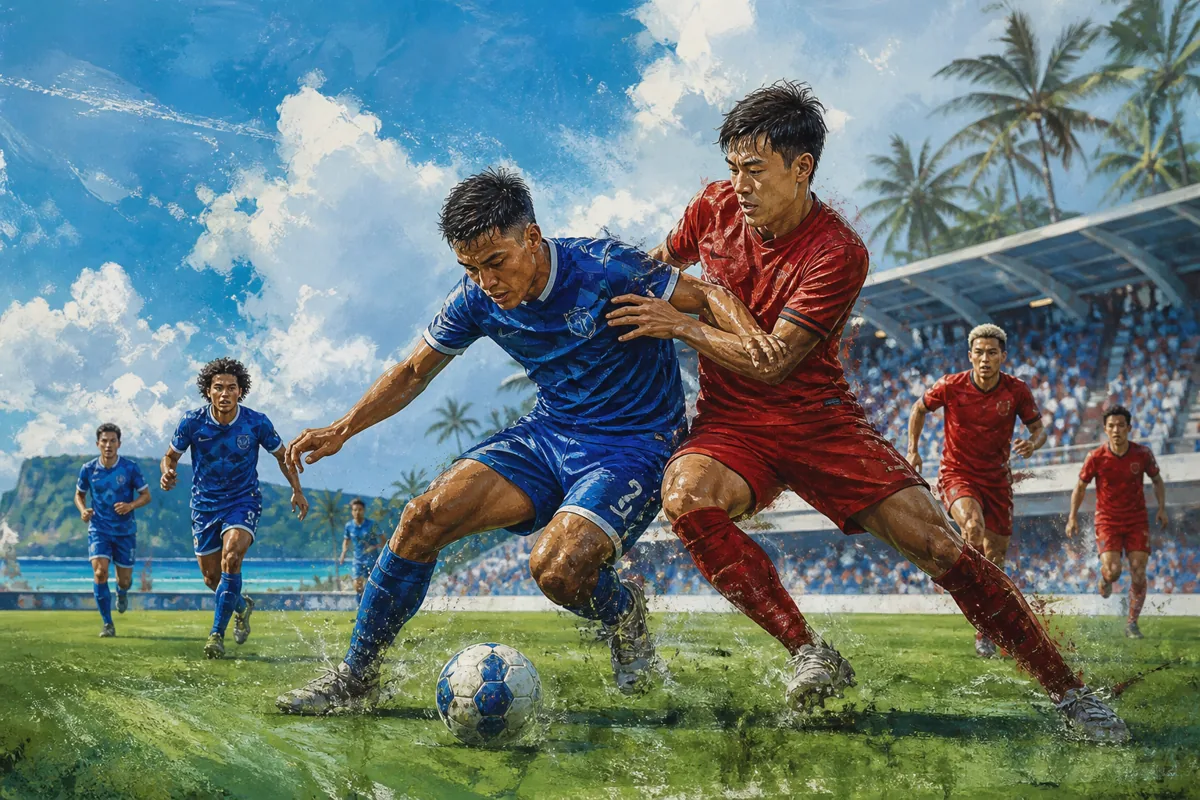 Fictional Guamanian footballers in blue competing against an experienced Asian opponent in a humid tropical stadium