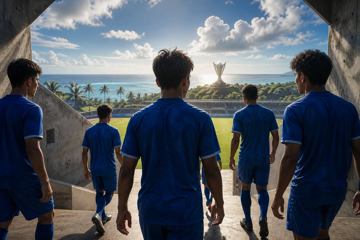 Fictional young Guamanian players leaving a stadium tunnel toward a bright tropical pitch and a distant AFC trophy