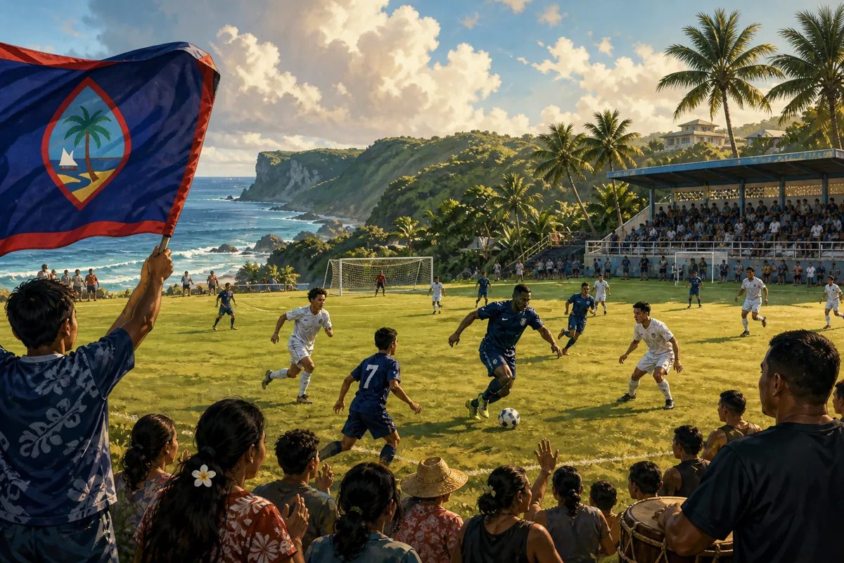 Fictional Guamanian players training on a coastal island football pitch with tropical hills and local supporters