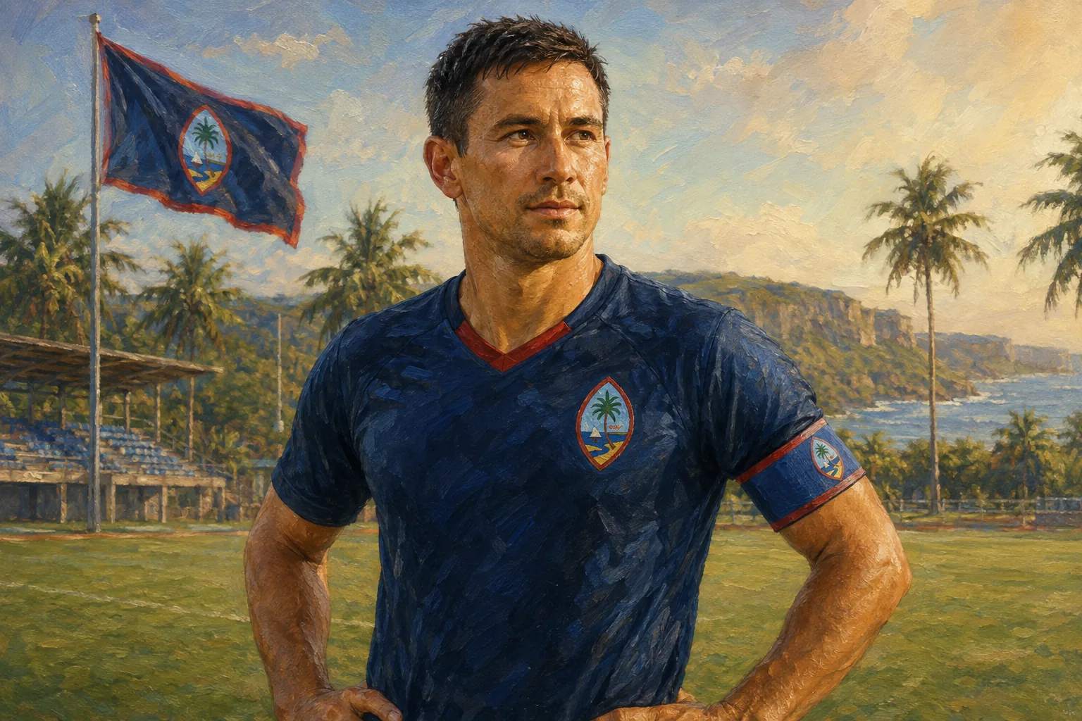 Portrait illustration inspired by Jason Cunliffe in blue Guam kit at a tropical training ground with a Guam flag