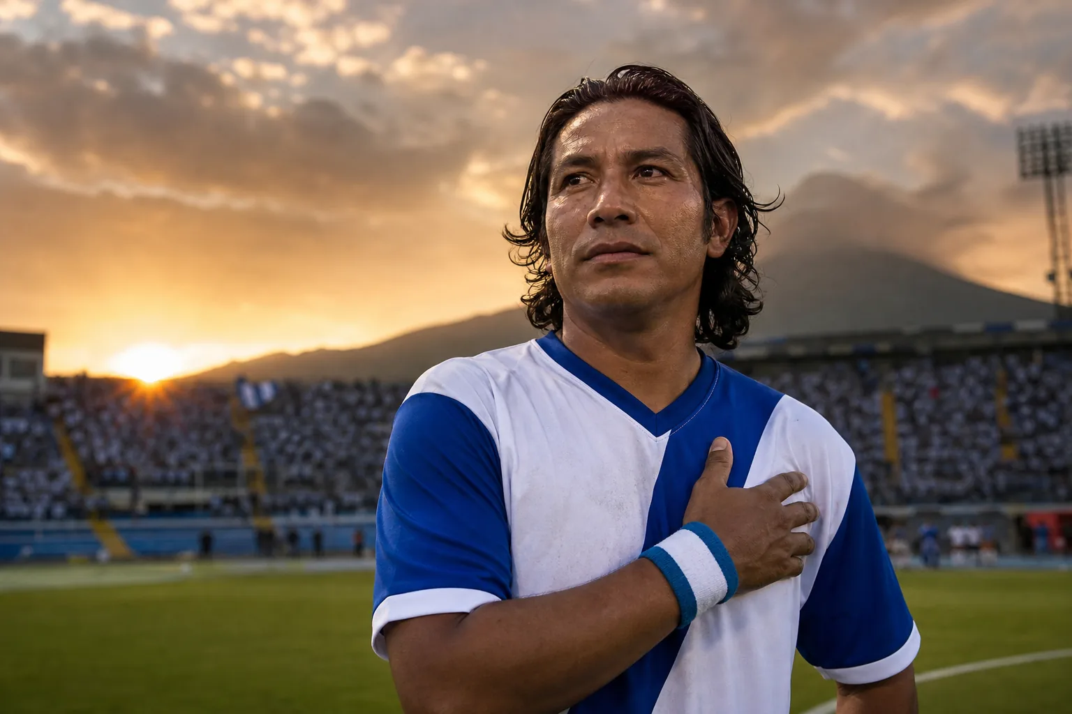 A fictional editorial portrait of Guatemalan striker Carlos Ruiz in a blue-white national-team kit