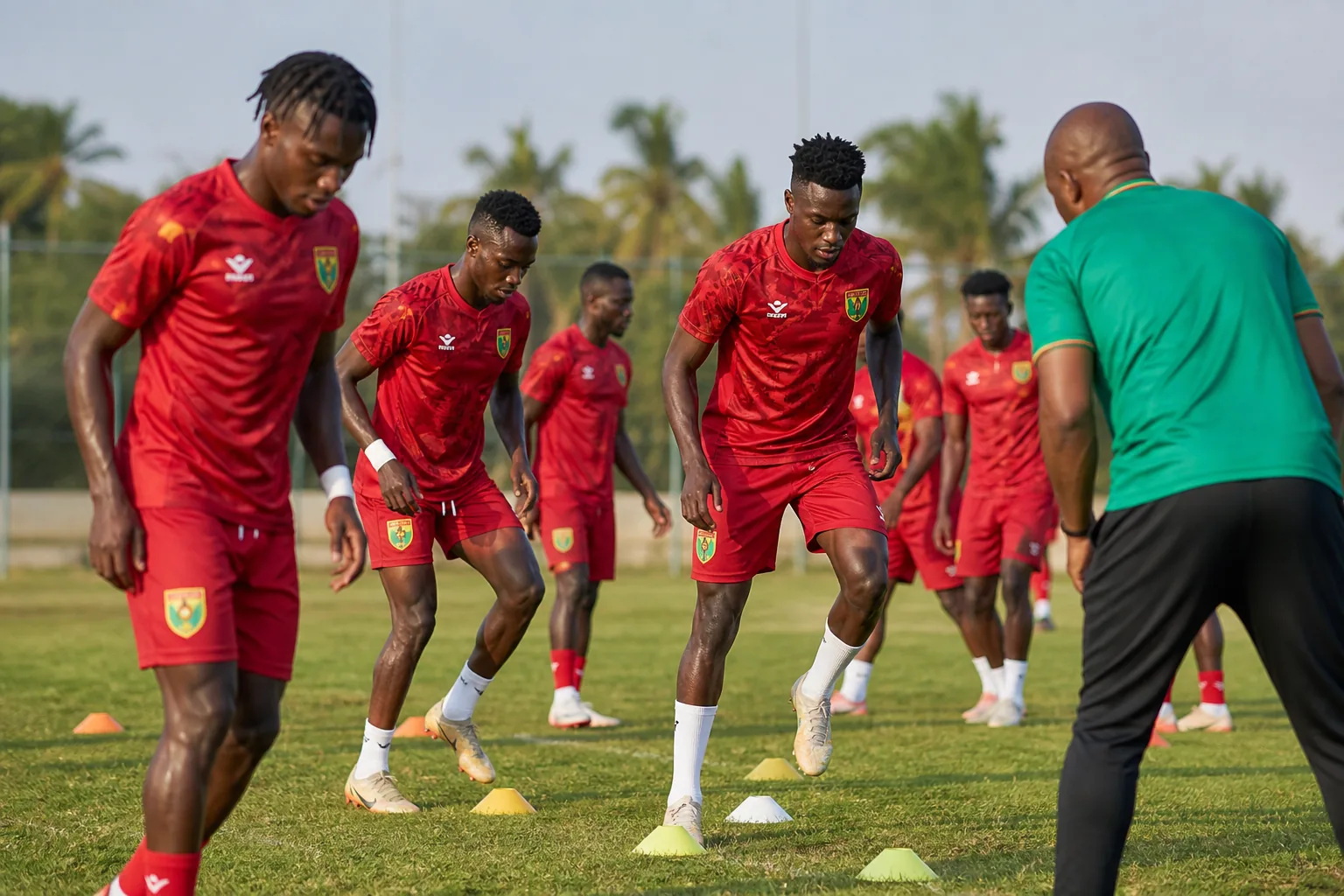 Guinea-Bissau Djurtus preparing together in red kits during a focused training session
