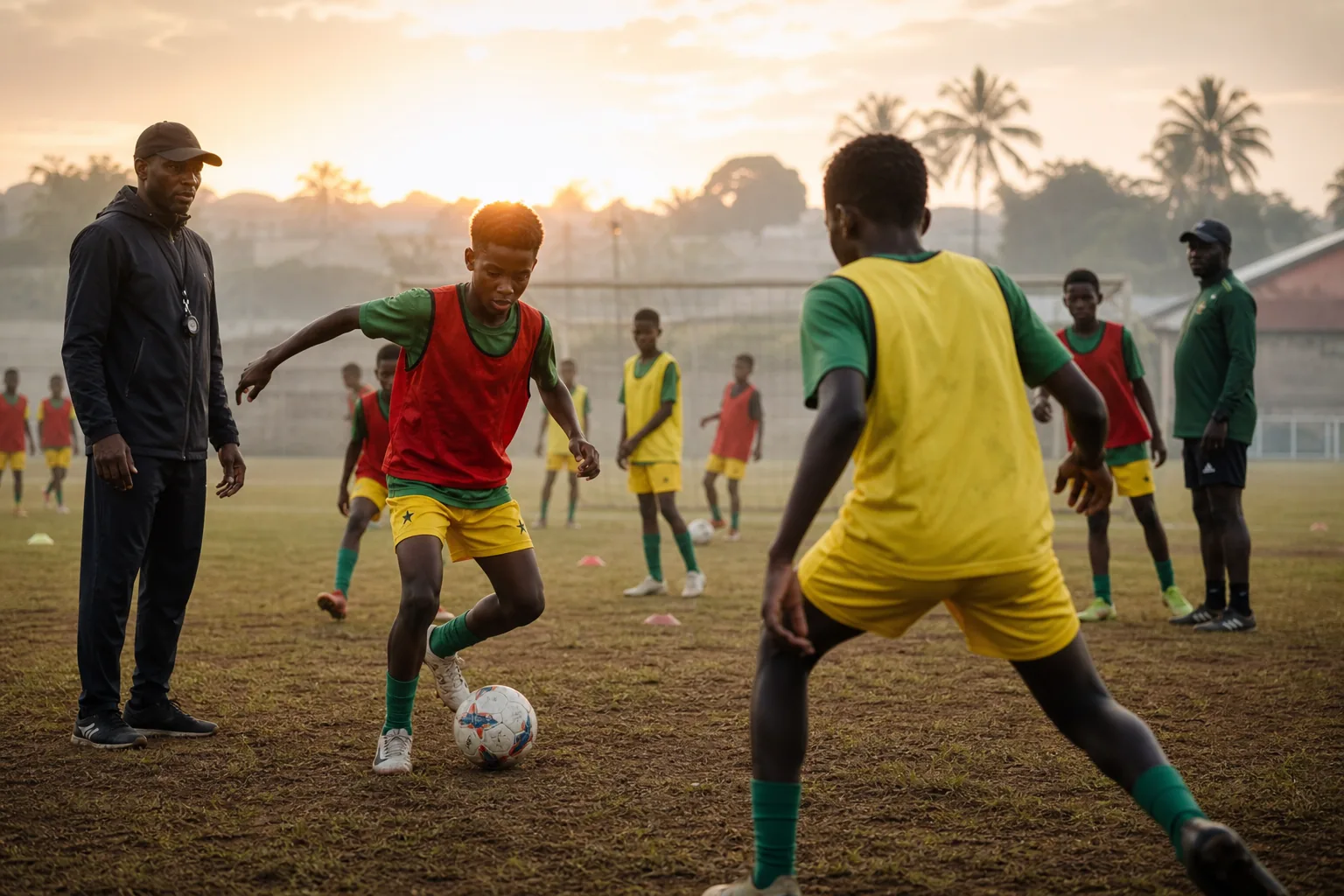 Young Guinea-Bissau footballers training at a modest academy ground at dawn
