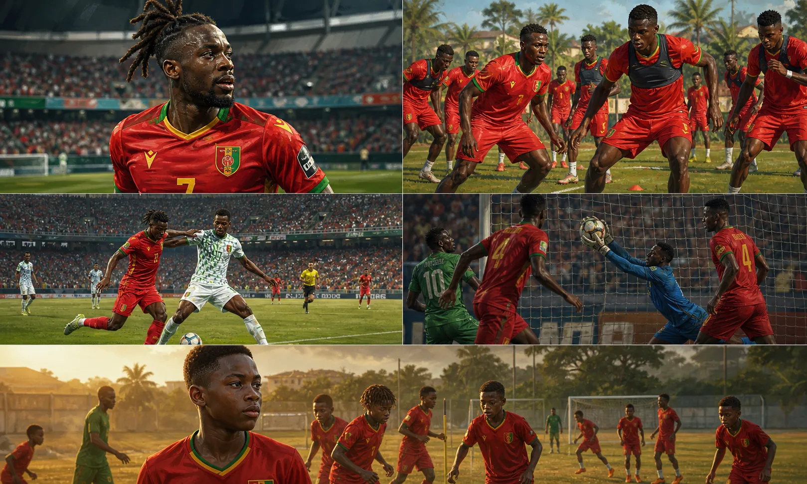 A fictional editorial portrait inspired by Guinea-Bissau winger Piqueti in a red national-team kit with yellow and green accents