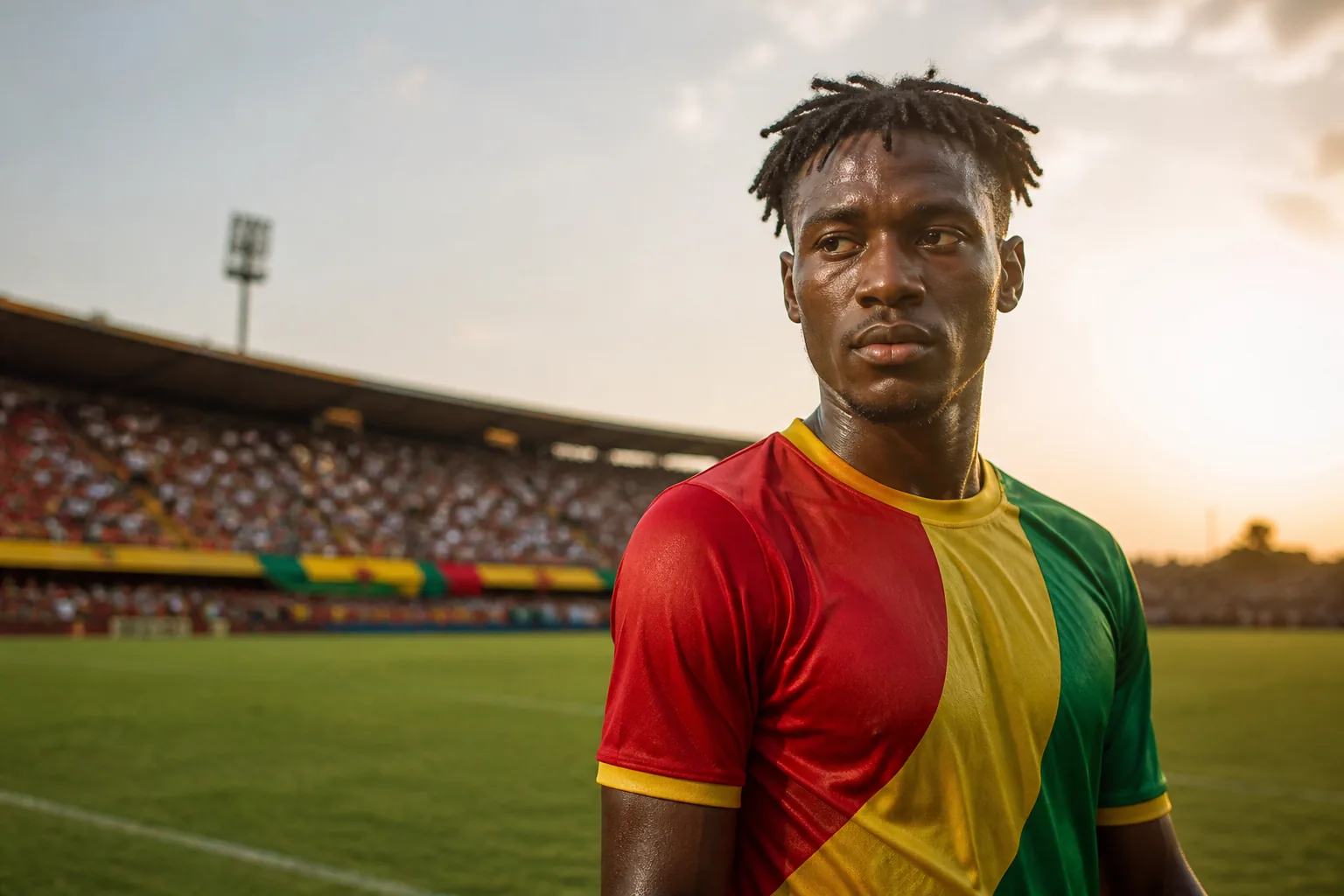 A fictional editorial portrait of Guinean midfielder Pascal Feindouno in a red-yellow-green national-team kit