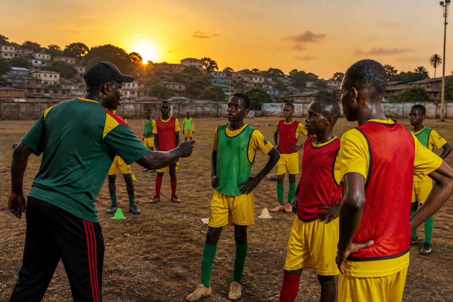Young Guinean footballers training at sunset on a community pitch in Conakry