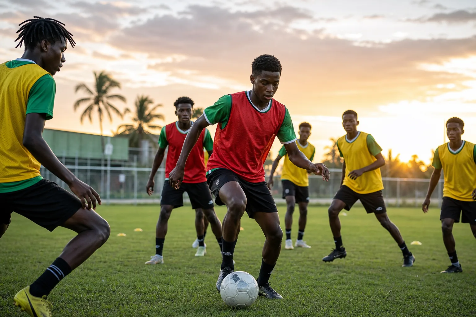 A fictional editorial portrait inspired by Guyana international striker Carl Cort in a red-and-yellow Golden Jaguars kit