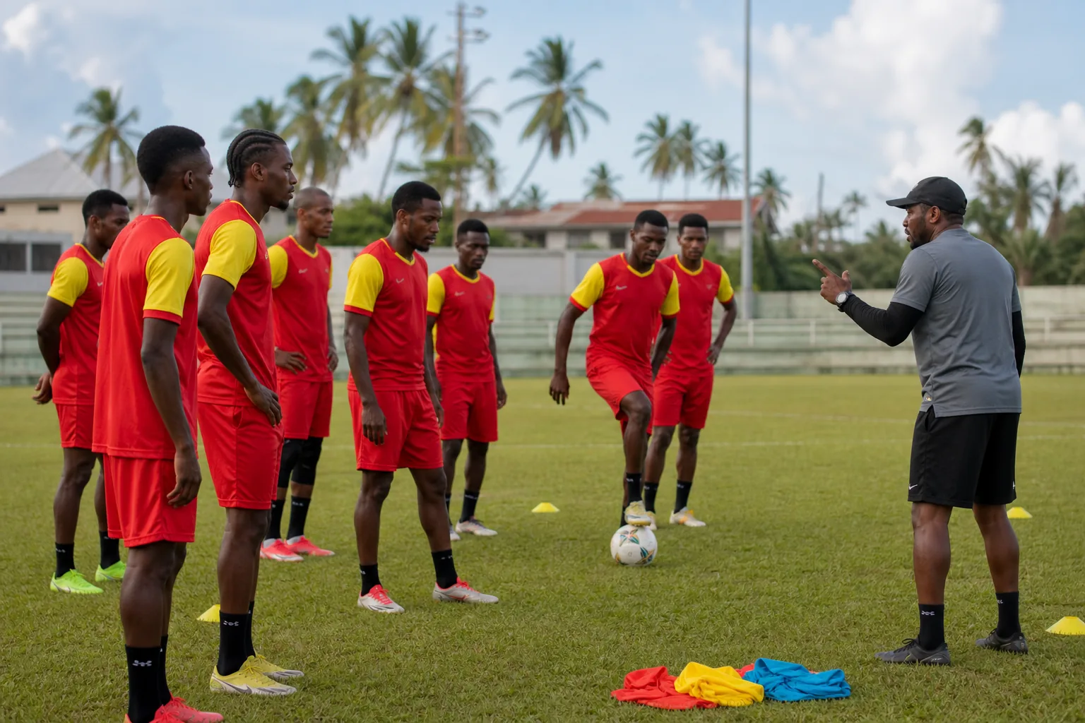 Guyanese footballers from a diverse diaspora training together on a Caribbean football ground