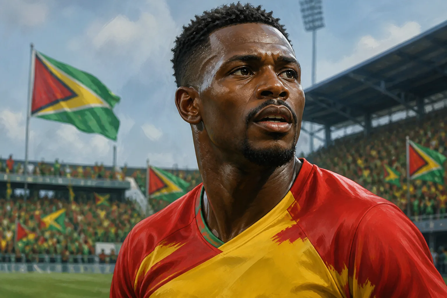 Guyana Golden Jaguars competing in an intense CONCACAF Nations League match under stadium lights