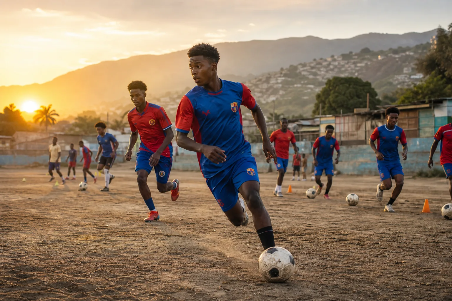 A fictional historical portrait inspired by Haiti striker Emmanuel Sanon in a vintage red-and-blue national-team kit